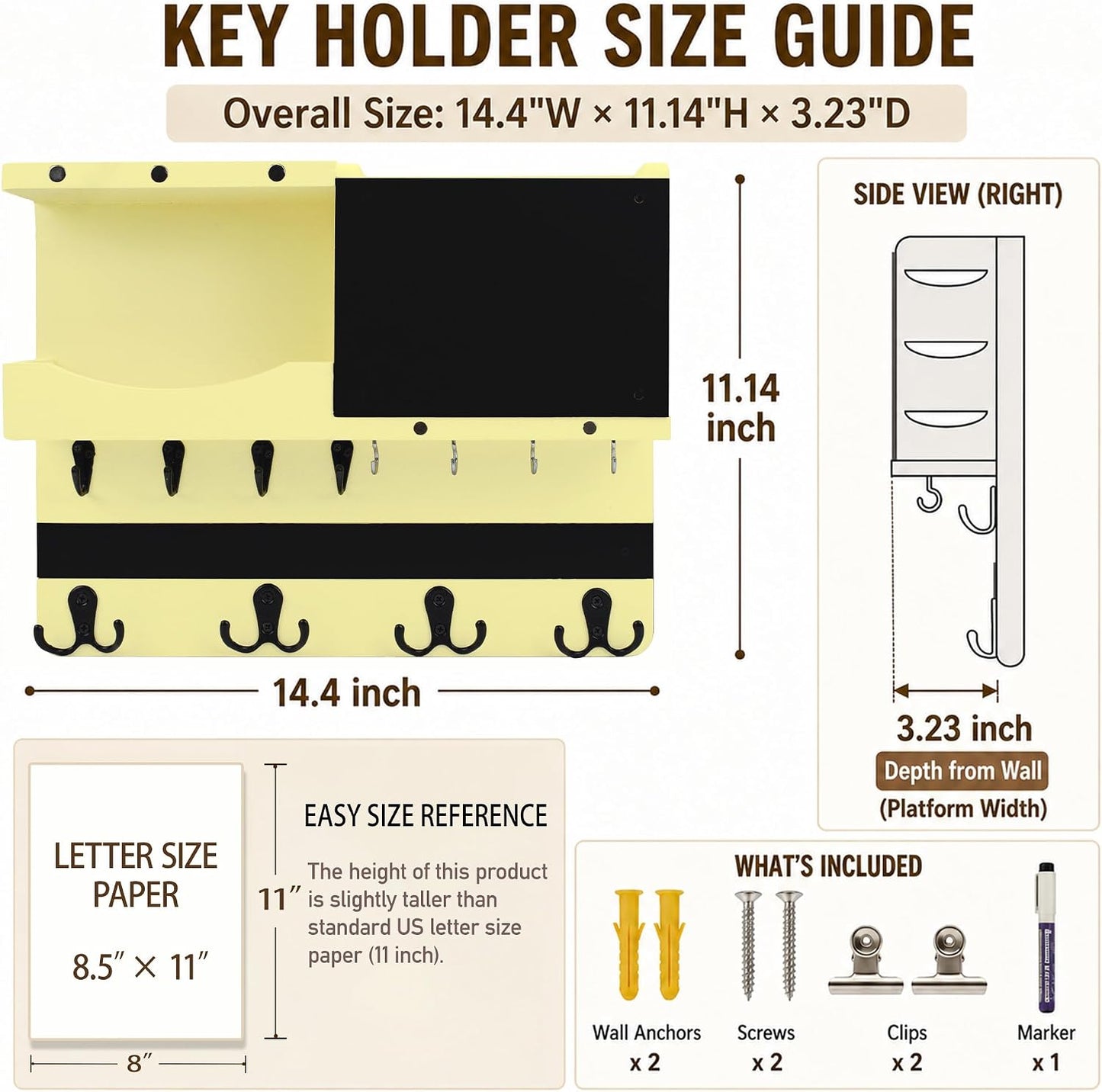 Key Holder for Wall Mount with Shelf and Mail Organizer, Key and Mail Holder with 16 Hooks, Farmhouse Entryway Organizer, Home Decor Rack (Pine Wood, White Washed)