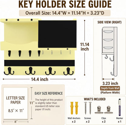 Key Holder for Wall Mount with Shelf and Mail Organizer, Key and Mail Holder with 16 Hooks, Farmhouse Entryway Organizer, Home Decor Rack (Pine Wood, White Washed)