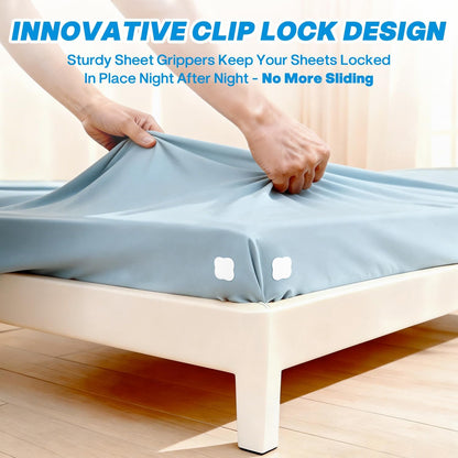 Bed Sheet Holders for Corners - Fitted Sheet Clips with Heavy - Duty Bed Sheet Grippers, Universal Bed Lock Sheet Straps to Stop Slipping, Includes Cloud Sleep Mask & Noise-Canceling Earplugs