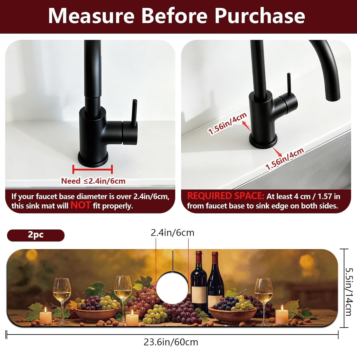 2Pcs Peonies Kitchen Sink Splash Guard Faucet Mat Vintage Florals Faucet Mat For Bathroom Kitchen 5.5x23.6In