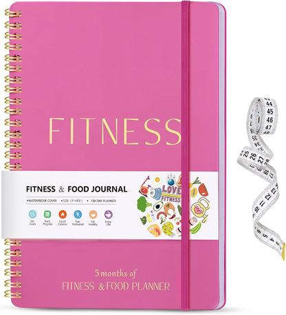 Fitness & Food Journal for Women, Undated 150-day Workout & Wellness Planner with Measuring Tape, Pink Weight Loss Journal for Setting Goals Tracking Exercise Training Diet Progress (9.5’’*7’’)