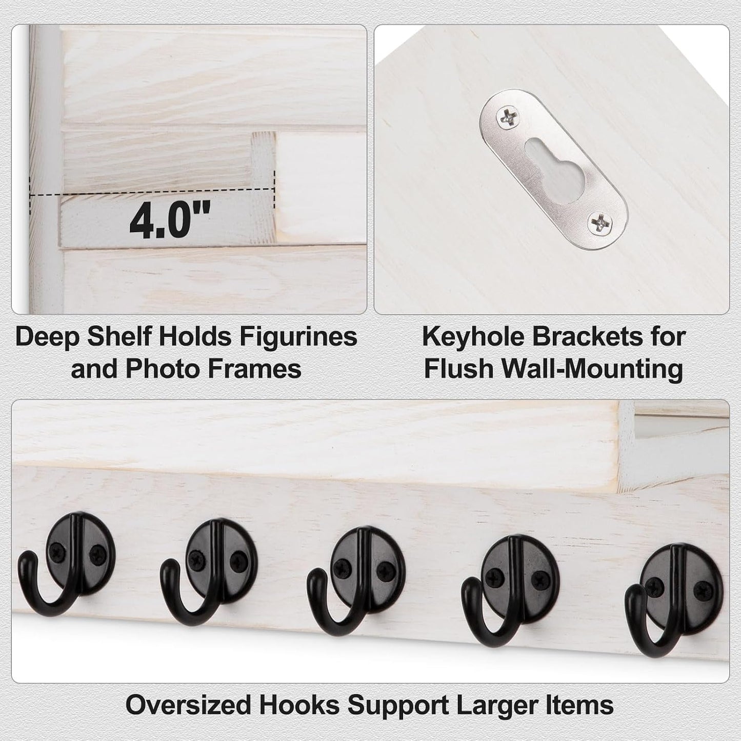Lwenki Key Holder Wall Mount, Entryway Key and Mail Holder with 7 Sturdy Hooks for Sunglasses, Dog Leash, Decorative Wall Shelf with Mounting Hardware, 15”W x 6.7”H x 4.2”D