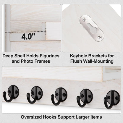 Lwenki Key Holder Wall Mount, Entryway Key and Mail Holder with 7 Sturdy Hooks for Sunglasses, Dog Leash, Decorative Wall Shelf with Mounting Hardware, 15”W x 6.7”H x 4.2”D