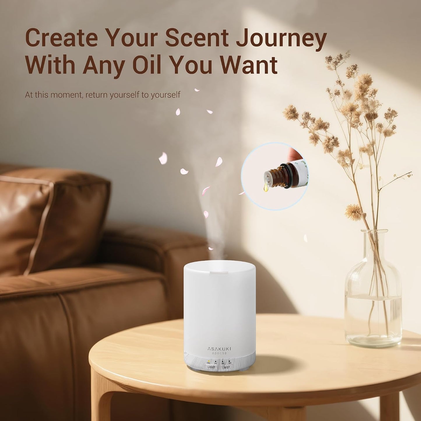 ASAKUKI Essential Oil Diffuser for Home 300 ml Quiet | Automatic Shut-Off, Aromatherapy Diffuser, 7 LED Lights for Living Room, Kitchen, Bedroom, Hotel - Light Brown