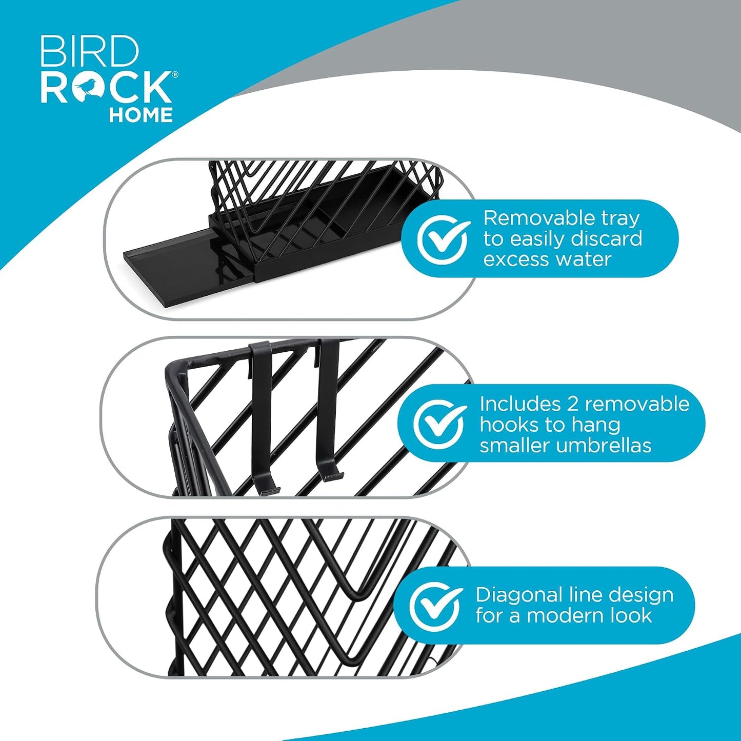 BIRDROCK HOME Decorative Umbrella Stand with Removable Water Tray - Large Freestanding Umbrella Rack and Cane Walking Stick Organizer - Metal Umbrella Holder for Entryway & Indoor Use - Black, Striped | Decorative Large Freestanding Rack and Cane Walking
