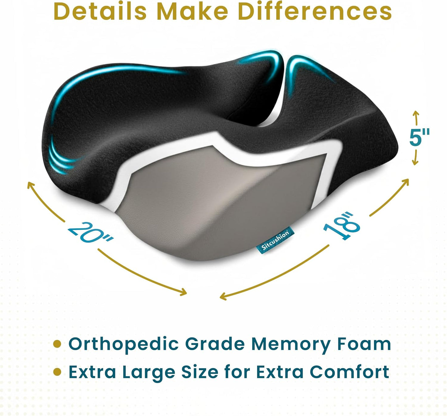 SitCushion Extra Large Memory Foam Seat Cushions for Office Chairs, Pressure Relief Seat Cushion for Tailbone Pain Relief, Sciatica & Back Pain, Ergonomic Office Chair Cushion for Long Sitting (Black)
