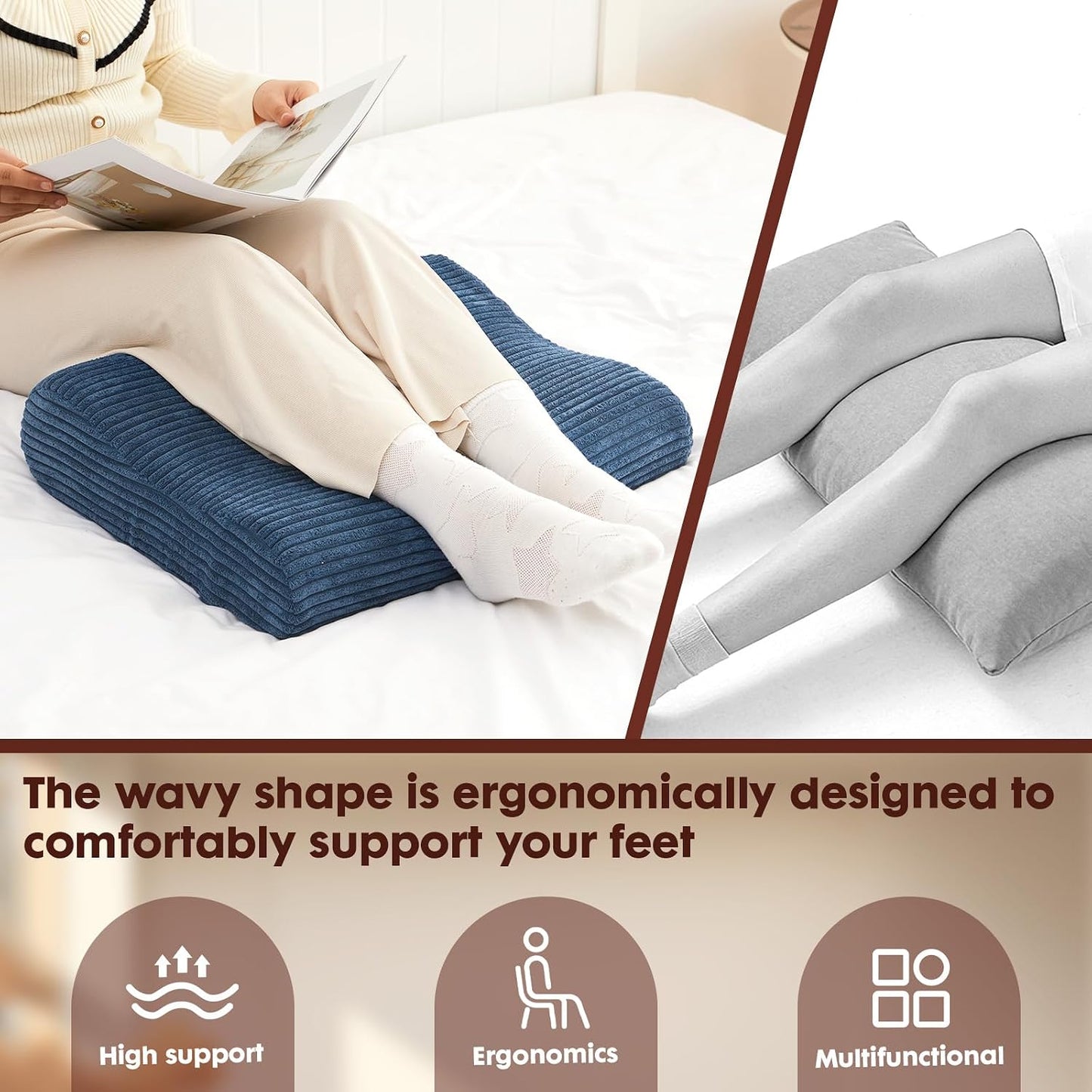 B Shape Corduroy Recliner Foot Pillow, Foam Extra Large Foot Rest Cushion with Adjustable Straps, Suitable for Bed Chair Sofa Headrest Back Lumbar Leg Support Pillow (Light Brown)