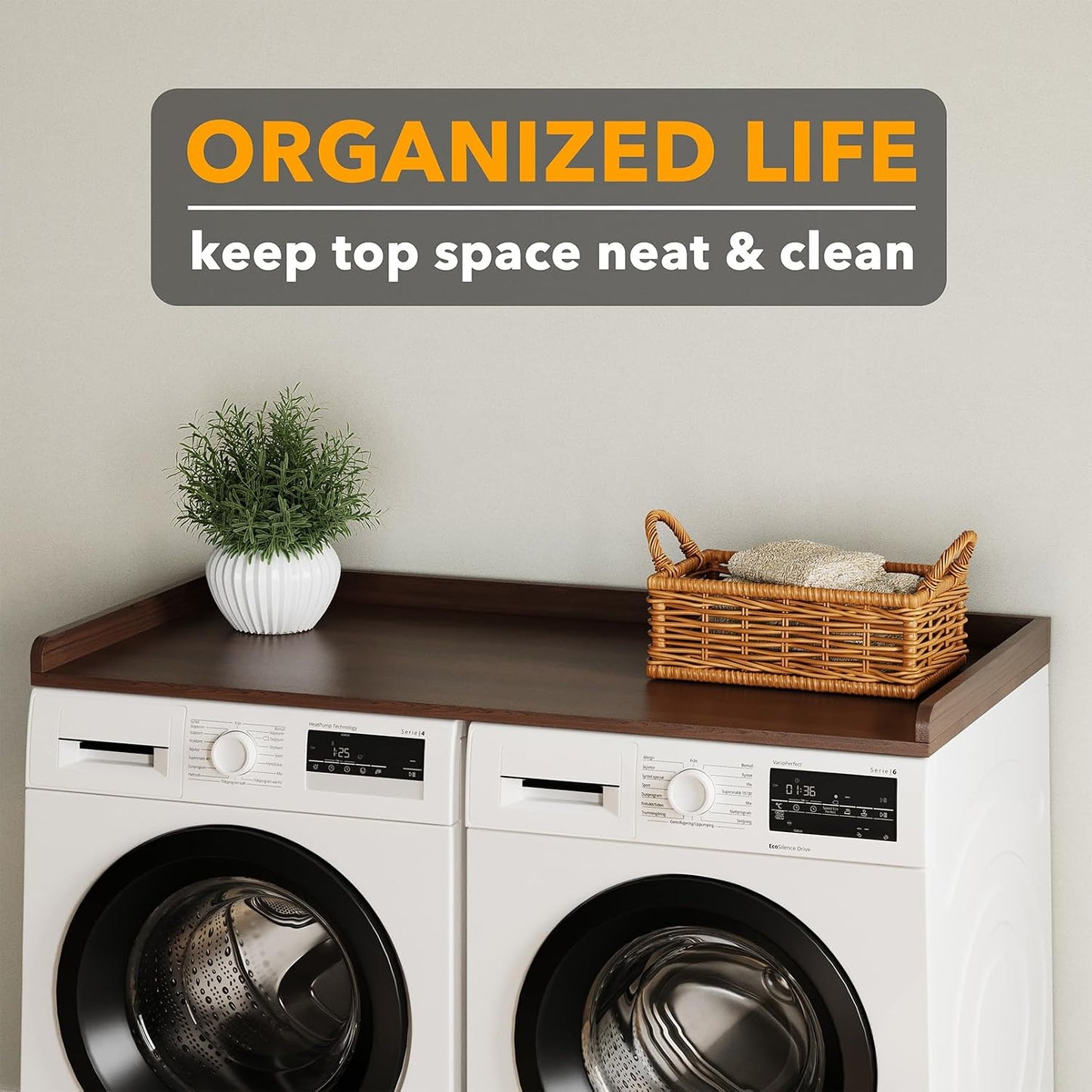 SpaceAid Washer Dryer Countertop, Laundry Wood Shelf Topper with Edge, 54" Width x 27.5" Depth Cover Guard Organizer for Washer and Dryer Laundry Hamper Counter Storage Organization (Black)