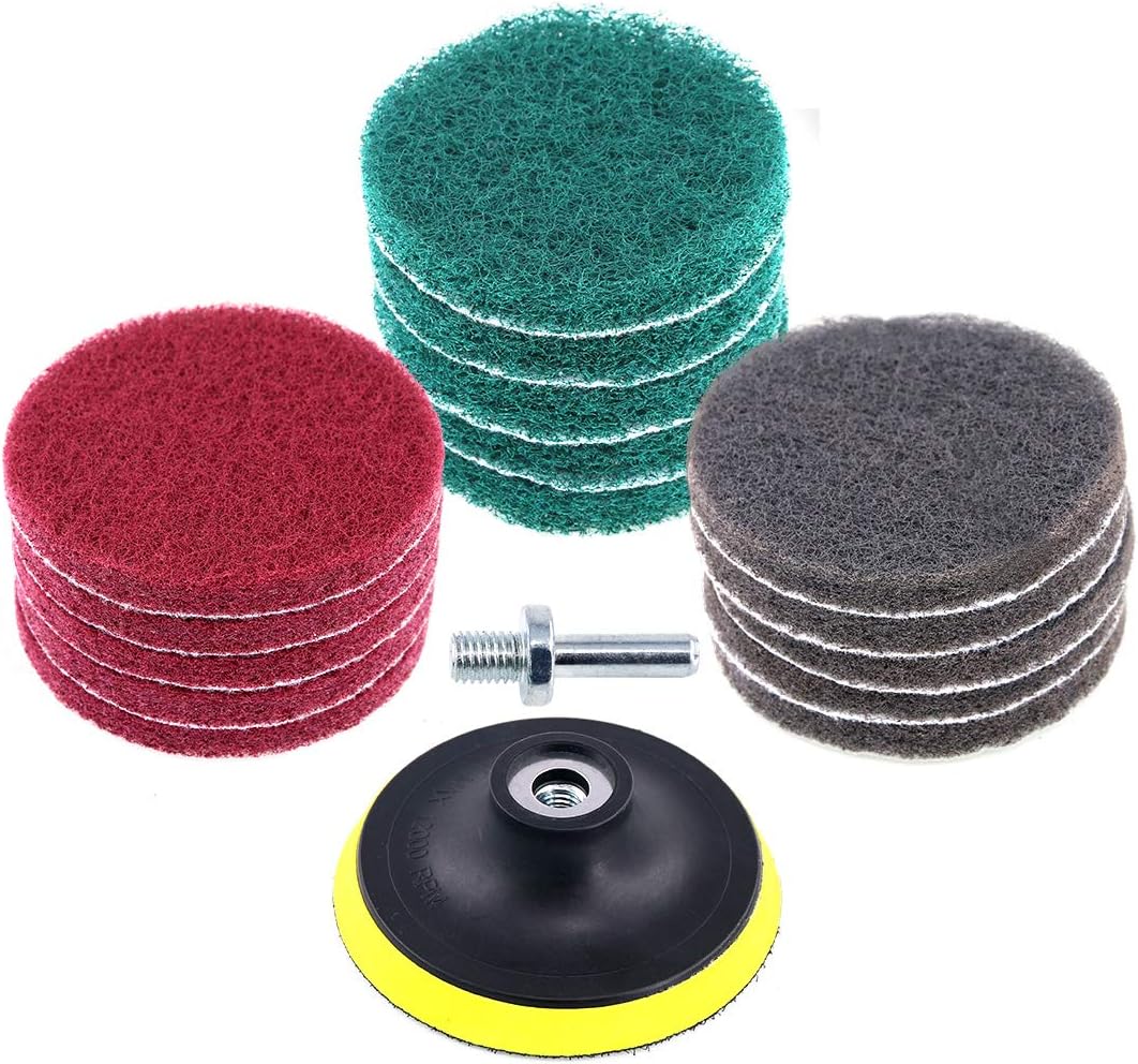 Glarks 16Pcs 4 Inch Drill Power Brush Tile Scrubber Scouring Pads Cleaning Kit with 4 Inch Disc Pad Holder for Bathroom & Kitchen Cleaning, 3 Different Stiffness (Red, Gray, Green)