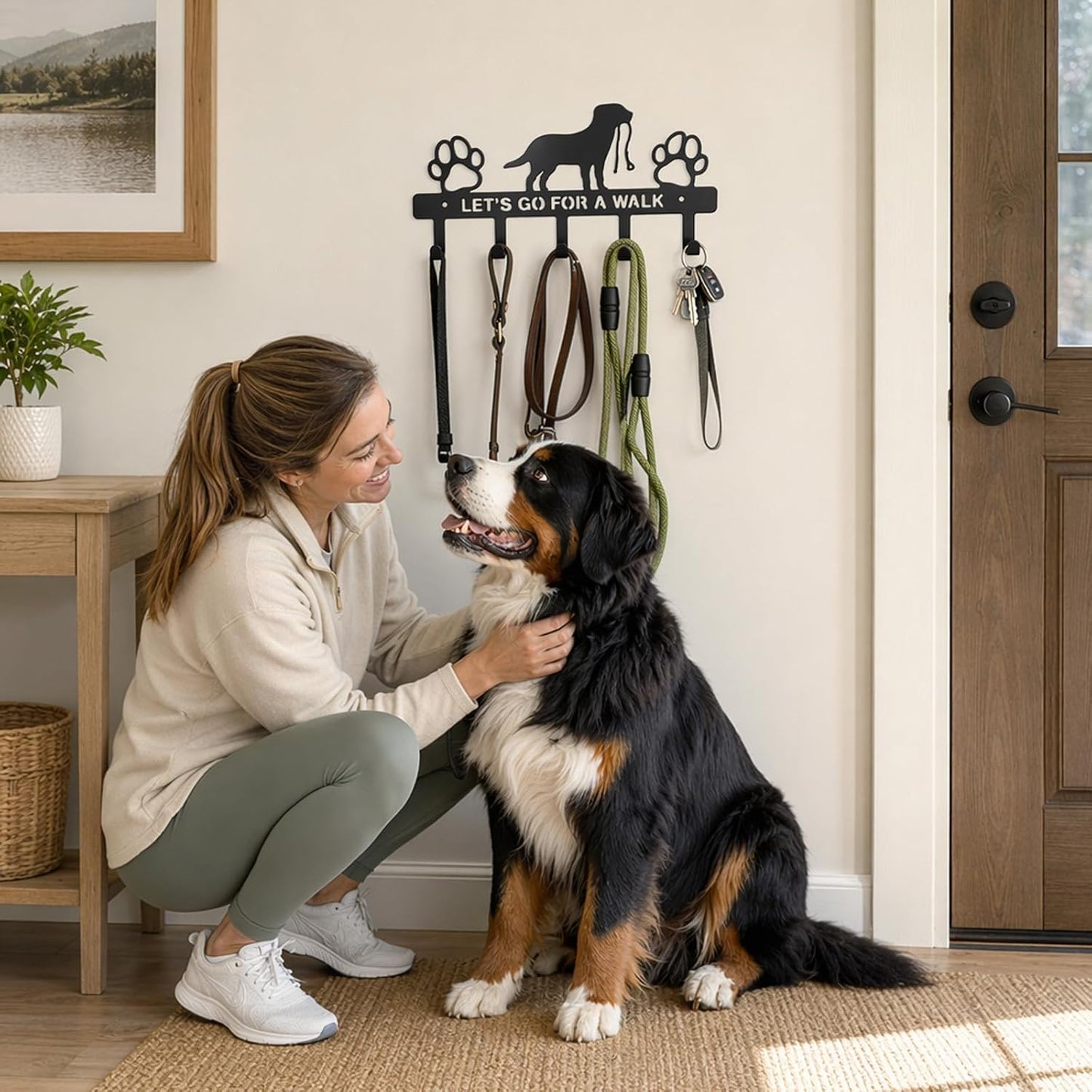 Dog Leash Holder for Wall, 5 Metal Hooks Key Mount | Screw Mounted Rack, Holds Leashes Keys Collars, for Entryway Garage Mudroom