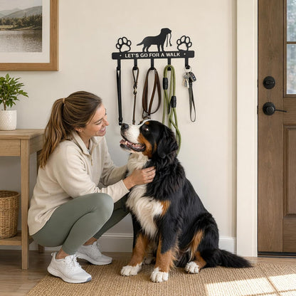 Dog Leash Holder for Wall, 5 Metal Hooks Key Mount | Screw Mounted Rack, Holds Leashes Keys Collars, for Entryway Garage Mudroom