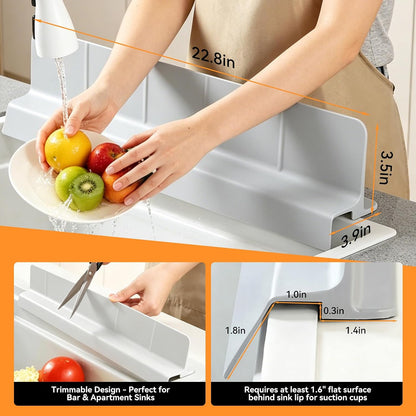 Silicone Splash Guard for Kitchen Sink, Self Draining Water Mat | Tall 3.5" Splash Wall , 22.8" Trimmable Design , 7 Strong Suction Cups , Dishwasher Safe , Flexible Water Barrier