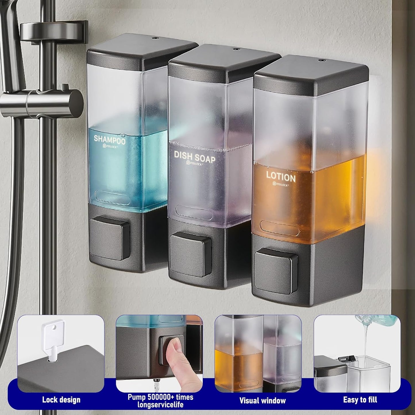 Pollock Shampoo and Conditioner Dispenser,Black 3 Chamber * 500ML | Shower Soap Dispenser Wall Mounted, Body Wash Dispenser No Drill,Refillable Shower Dispenser for Bathroom,Hotel,Public Place