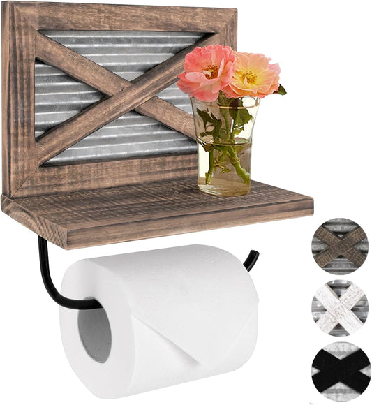Autumn Alley Rustic Farmhouse Toilet Paper Holder with Shelf for Wipes - Rustic Farmhouse Bathroom Decor - Farmhouse Bathroom Accessories and Western Bathroom Decor Wall Mounted, Brown Wood