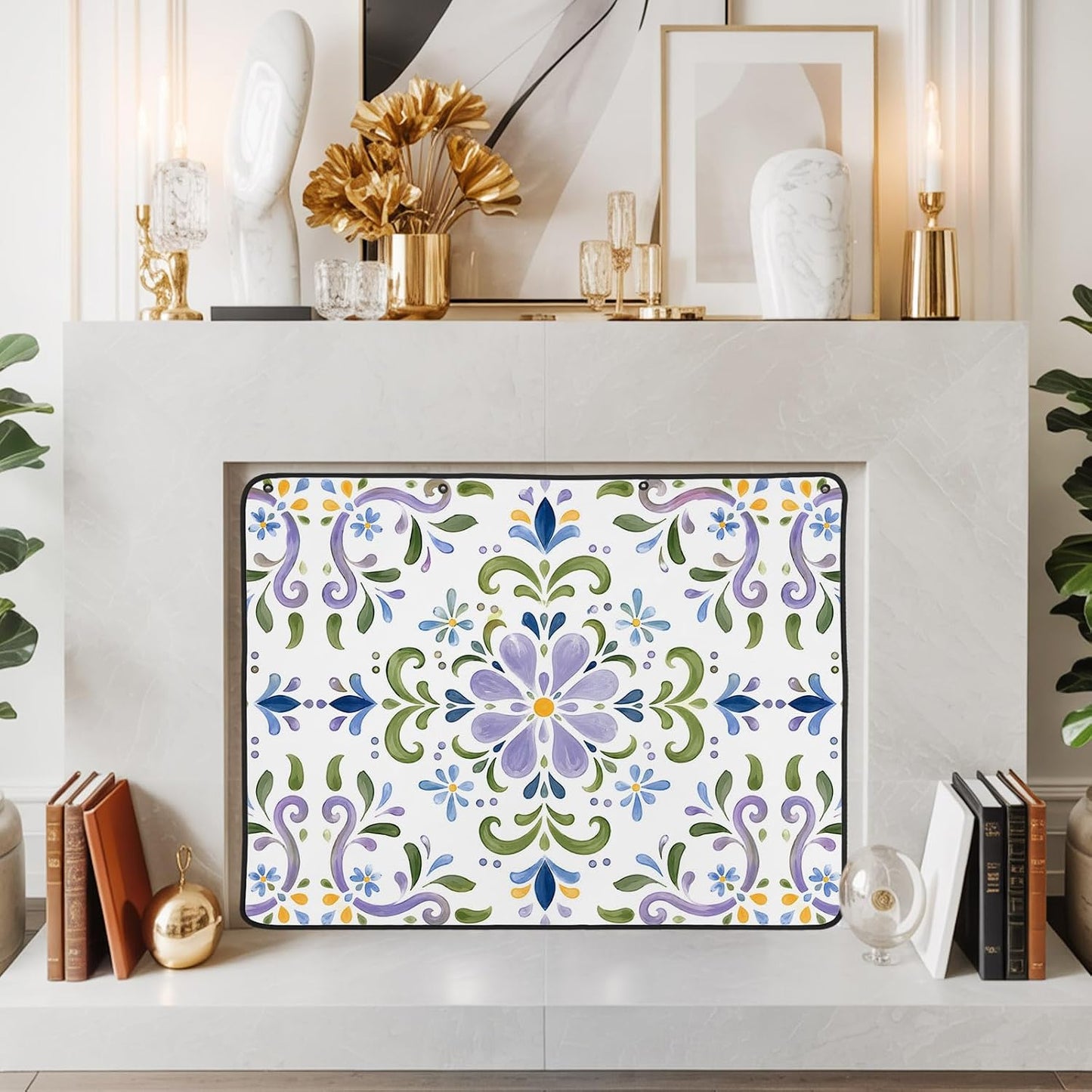 Magnetic Fireplace Cover Bird Branches Fireplace Screen Decorative Green Leaves Frame Insulation Fireplace Blocker Blanket Save Energy Fireplace Draft Stopper Covers for Living Room 45x34 Inch