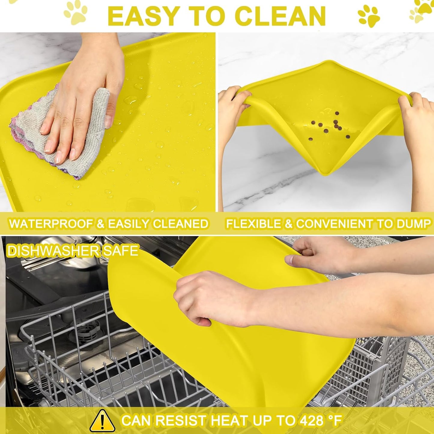 SMILOOL Waterproof Silicone Pet Food Mat with Raised Edge for Dog & Cat | 19" x 12" Non-Slip Pet Feeding Mats with Lip for Food & Water Bowl, Food Grade, Easy Cleaning, Black