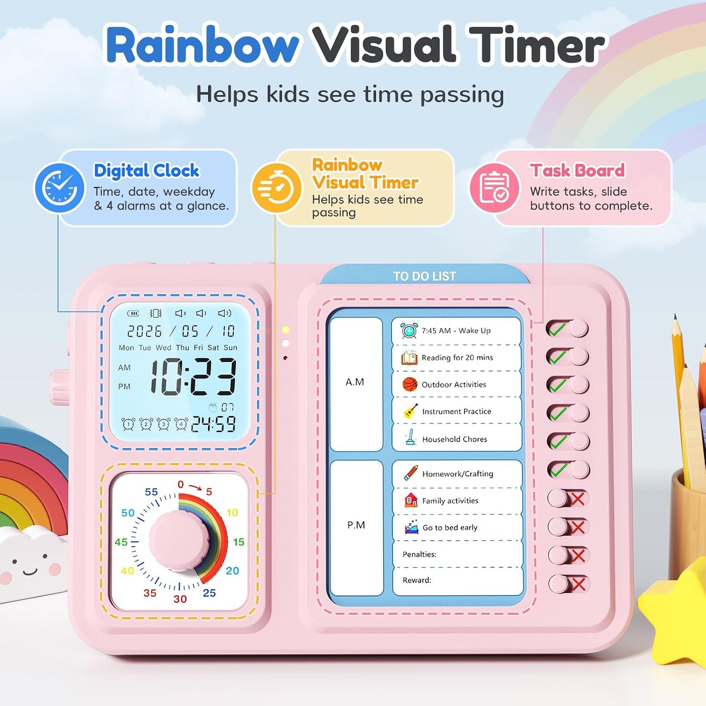 3-in-1 Visual Timer for Kids, Chore Chart for Kids, Visual Schedule（Blue） | To do list board, routine chart for home, school, classroom, ADHD/autism visual support, checklist, silent vibration alerts