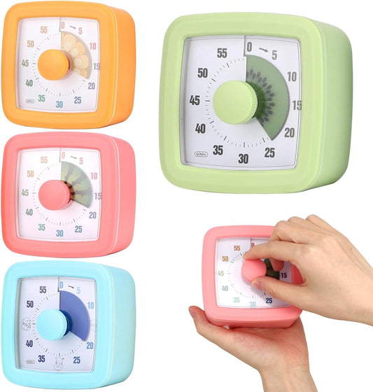 4 PCS Visual Timer, 60 Minutes Countdown Clock, Colored Mechanical Time Management Tool, Quiet Operation Design with Clear Dial Display for Reading, Home Office Focus, Productivity Training