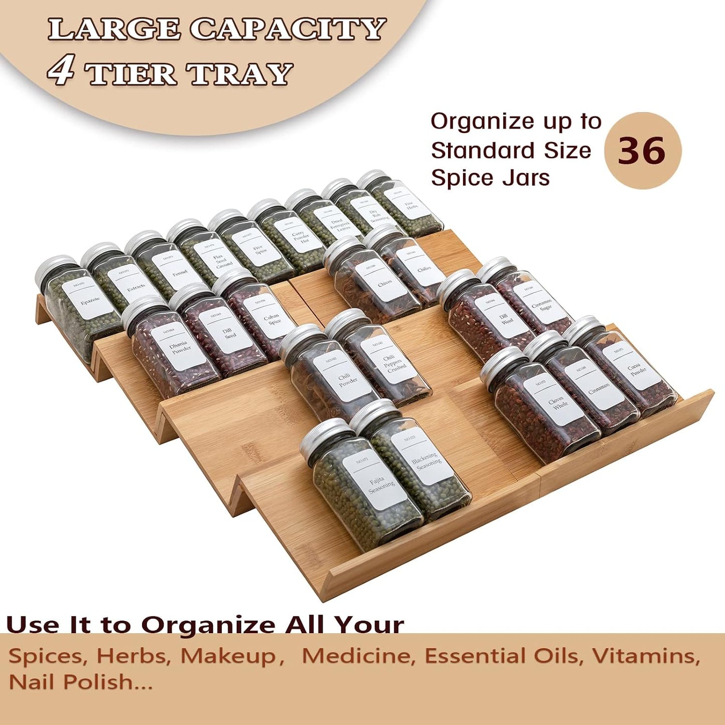 Bamboo Spice Rack Drawer Organizer - 8 Pieces Set- 7" Wide Per Piece - Combine Pieces Into 14" Wide Rack (7" or 14")
