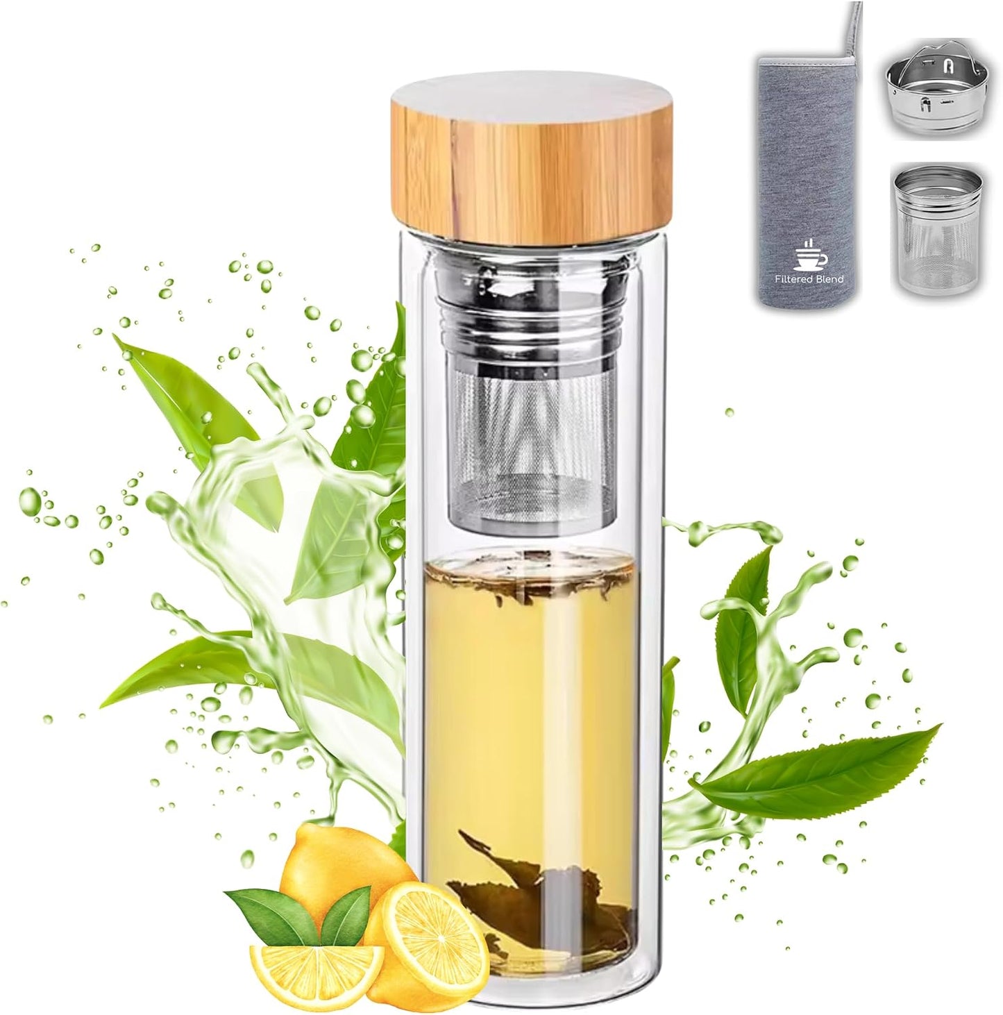 15oz Double Wall Glass Water Bottle with Bamboo Lid and Tea Infuser – Insulated, Leak-Proof, and Eco-Friendly Travel Tea Mug with Filter for Hot or Cold Beverages | Built-In Filter, Leak-Proof Double-Wall Glass, Loose-Leaf Tea, Fruit-Infused Water,