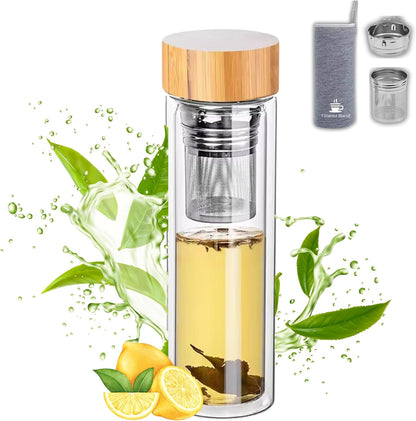 15oz Double Wall Glass Water Bottle with Bamboo Lid and Tea Infuser – Insulated, Leak-Proof, and Eco-Friendly Travel Tea Mug with Filter for Hot or Cold Beverages | Built-In Filter, Leak-Proof Double-Wall Glass, Loose-Leaf Tea, Fruit-Infused Water,
