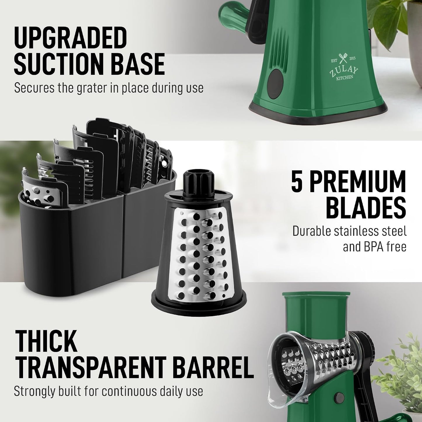 Zulay Kitchen Rotary Cheese Grater 5 Blade Cheese Shredder - Manual Hand Crank Cheese Grater With Reinforced Suction & 5 Interchangeable Drums - Easy to Use, Vegetable Chopper Round Mandoline Slicer - Colors B