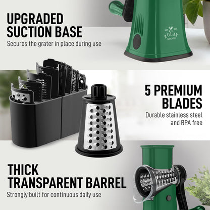 Zulay Kitchen Rotary Cheese Grater 5 Blade Cheese Shredder - Manual Hand Crank Cheese Grater With Reinforced Suction & 5 Interchangeable Drums - Easy to Use, Vegetable Chopper Round Mandoline Slicer - Colors B