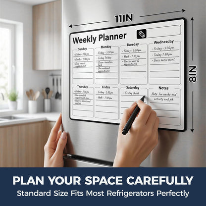 Magnetic Dry Erase Calendar for Refrigerator - 11"x8" Compact Fridge Whiteboard with 6 Markers & 2 Erasers, Weekly Planner, Sunday Start