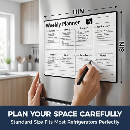 Magnetic Dry Erase Calendar for Refrigerator - 11"x8" Compact Fridge Whiteboard with 6 Markers & 2 Erasers, Weekly Planner, Sunday Start