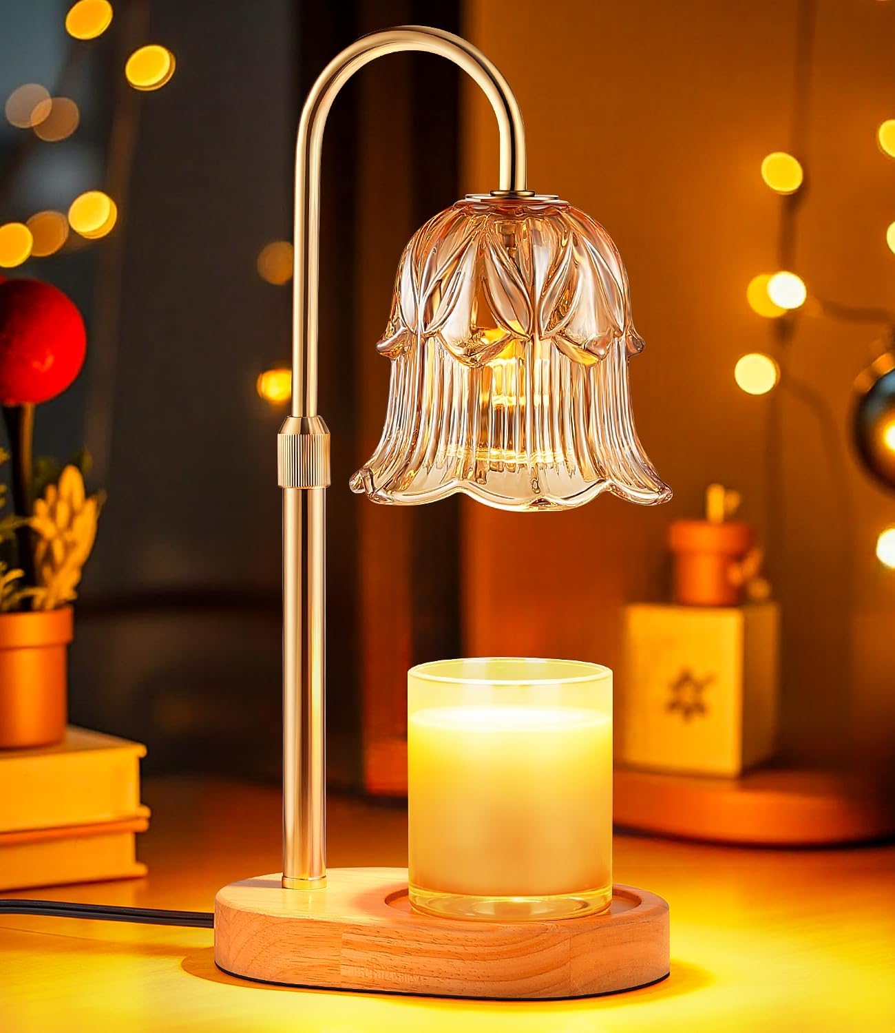 Candle Warmer Lamp Adjustable Timer - Electric Flower Glass Candles Light | Height Adjustable Dimmable Vintage Base Modern Wax Candles Jar Top Warmers Wax Melts Birthday Women Mom House Warming Gifts