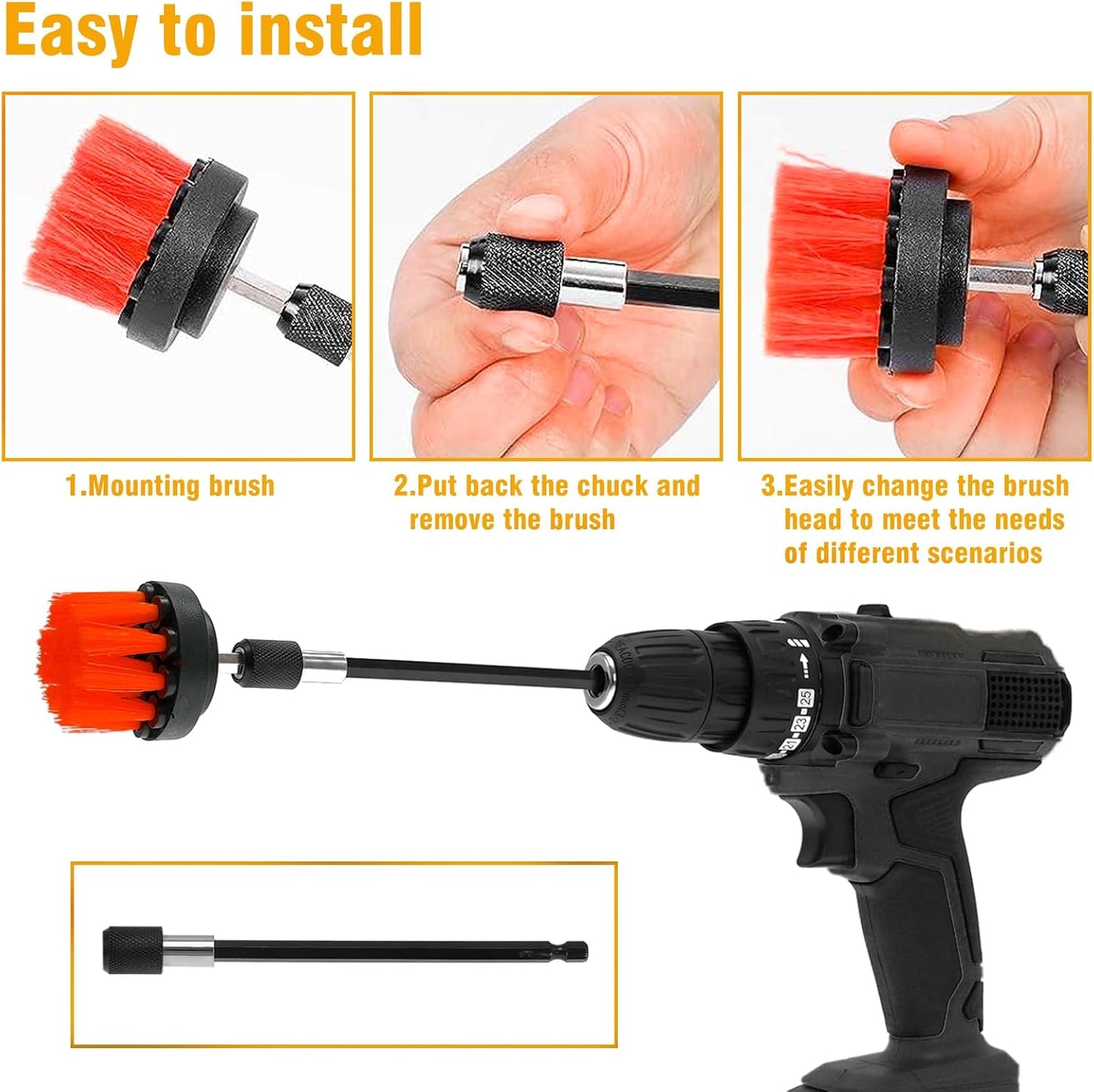 8 Pcs Drill Brush Attachment Set - Power Scrub Brush Kit | Brush Drill with Extend Long Attachmen - All Purpose Household Cleaning Brushes for Car, Grout, Floor, Tub, Bathroom