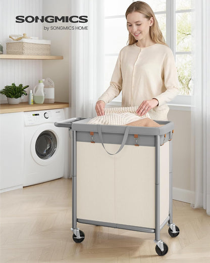 SONGMICS Laundry Basket with Wheels, 4-Section Rolling Laundry Hamper, 68.6 Gallons (260 L), Removable Liner, Steel Frame with Handle, 43.3 x 15.4 x 31.9 Inches, Cream White URLS014W01