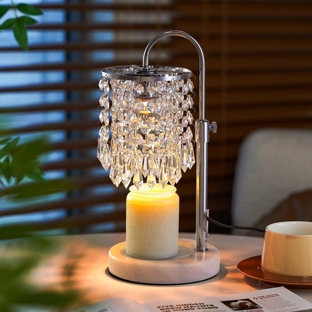 Candle Warmer Lamp with Timer Dimmer，2H/4H/8H Timer , Lamp Candle Warmer with Marble Base for Adjustable Height, Crystal Wax Melt Warmer for Jar Candles, House Warming Decor Gifts Mothers Day Gifts