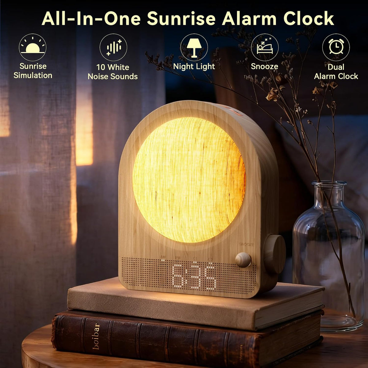 Vivilumens Gradual Sunrise Alarm Clock & White Noise Sound Machine for Better Sleep - Wood Grain Design, Wake-Up Light, Night Light, 10 Natural Sounds, Dual Alarms for Heavy Sleepers