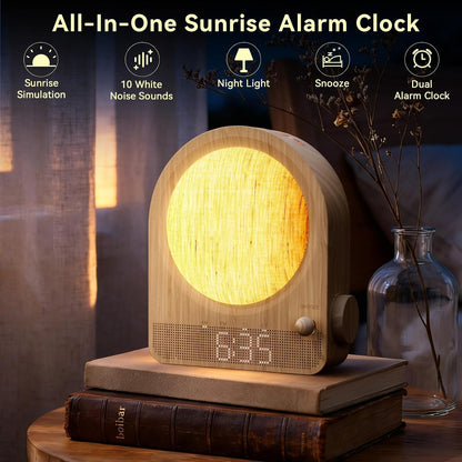 Vivilumens Gradual Sunrise Alarm Clock & White Noise Sound Machine for Better Sleep - Wood Grain Design, Wake-Up Light, Night Light, 10 Natural Sounds, Dual Alarms for Heavy Sleepers