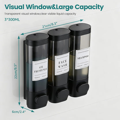 Wall Mounted Shower Soap Dispenser 3 Chamber,No Drill Shower Dispenser | Shampoo and Conditioner Dispenser for Bathroom Hotel Large Capacity, each 300ml with two waterproof labels,Gold