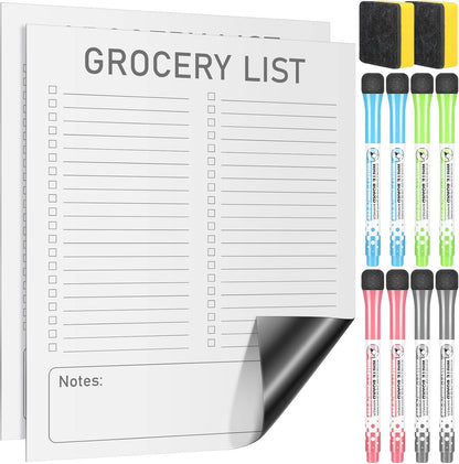Gueevin 2 Pcs Magnetic Dry Erase Grocery List for Fridge 10" x 12" Magnet White Board Sheet with 8 Whiteboard Markers 2 Eraser Reusable for Refrigerator Kitchen Locker Cabinet Door(Gray Line)