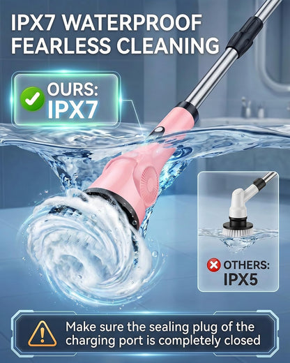 Electric Spin Scrubber, 3-Speed Shower Scrubber with Long Handle & 10 Replaceable Brush Heads, Cordless Full-Body IPX7 Waterproof Shower Cleaner Brush with 90 Mins Runtime for Bathroom