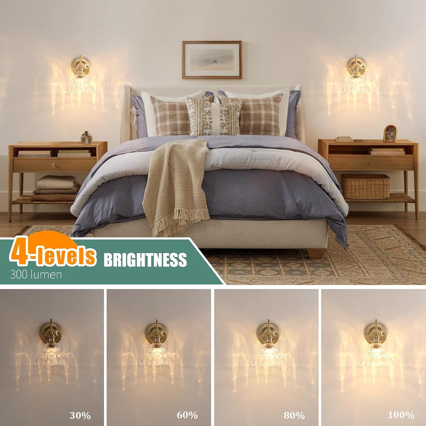 Shenmoyl Battery Operated Wall Sconce Wall Lamp with Green Lily of the Valley Shade Pattern Glass Adjustable Chain Retro Gold Wall Mounted Light, Modern Wall Lamp Fixtures Decor for Bedside Bedroom