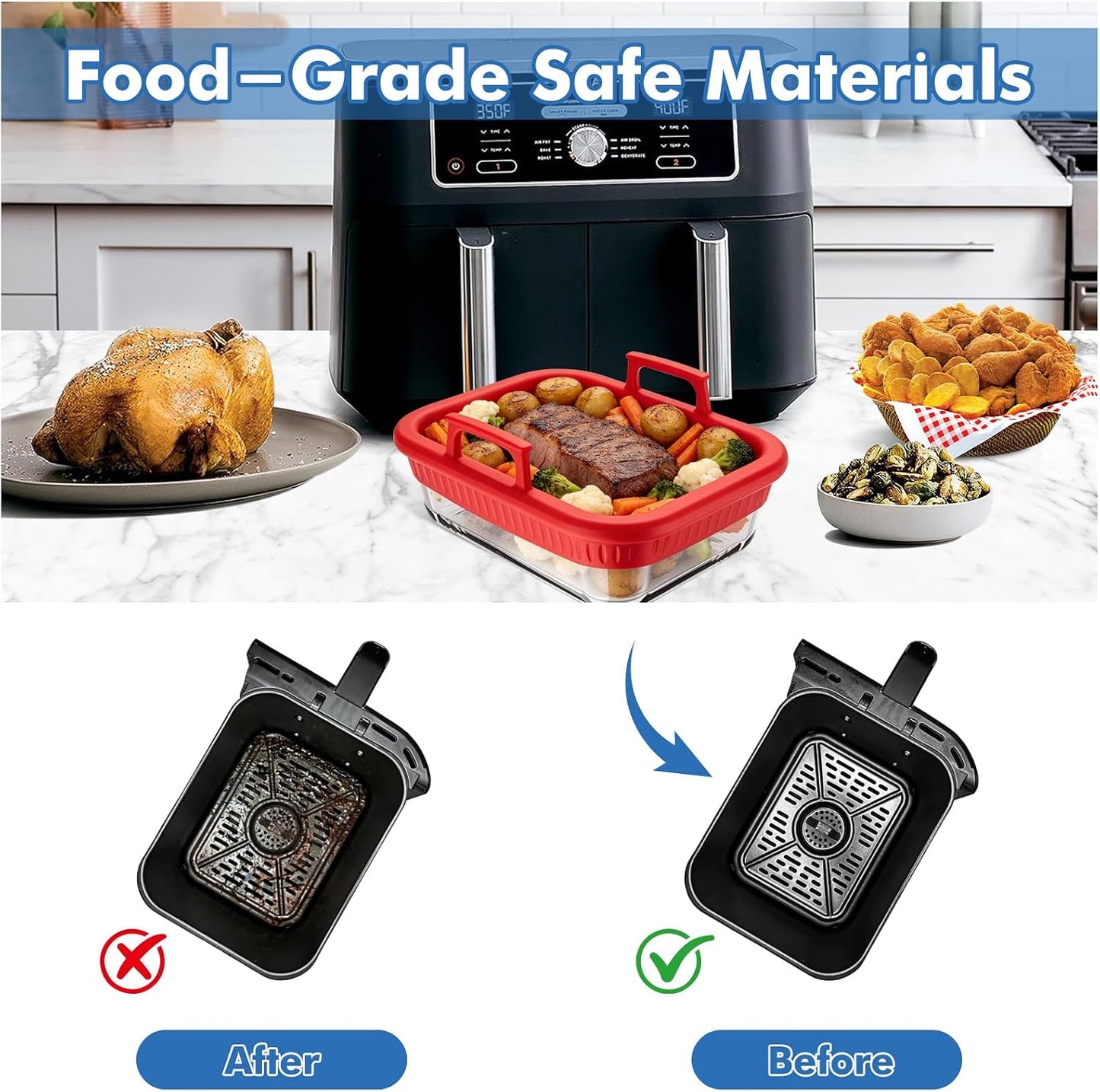 Air Fryer Accessories for Ninja Foodi DZ401, DZ550, SL401, SL451 10Qt | Glass Liners with Silicone Handles for 4-6 Qt Air Fryer, Heat-resistant, Dishwasher-safe, BPA-free