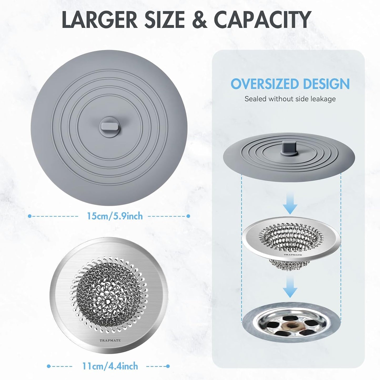 TRAPMATE Shower Drain Hair Catcher, 4.4" Anti-Clogging Bathtub Drain Cover | Easy Flip Cleaning, Traps Hair with Fast Drainage, Anti-Slip Drain Protector Fits Regular & Pop-up Drains (Patented Product)
