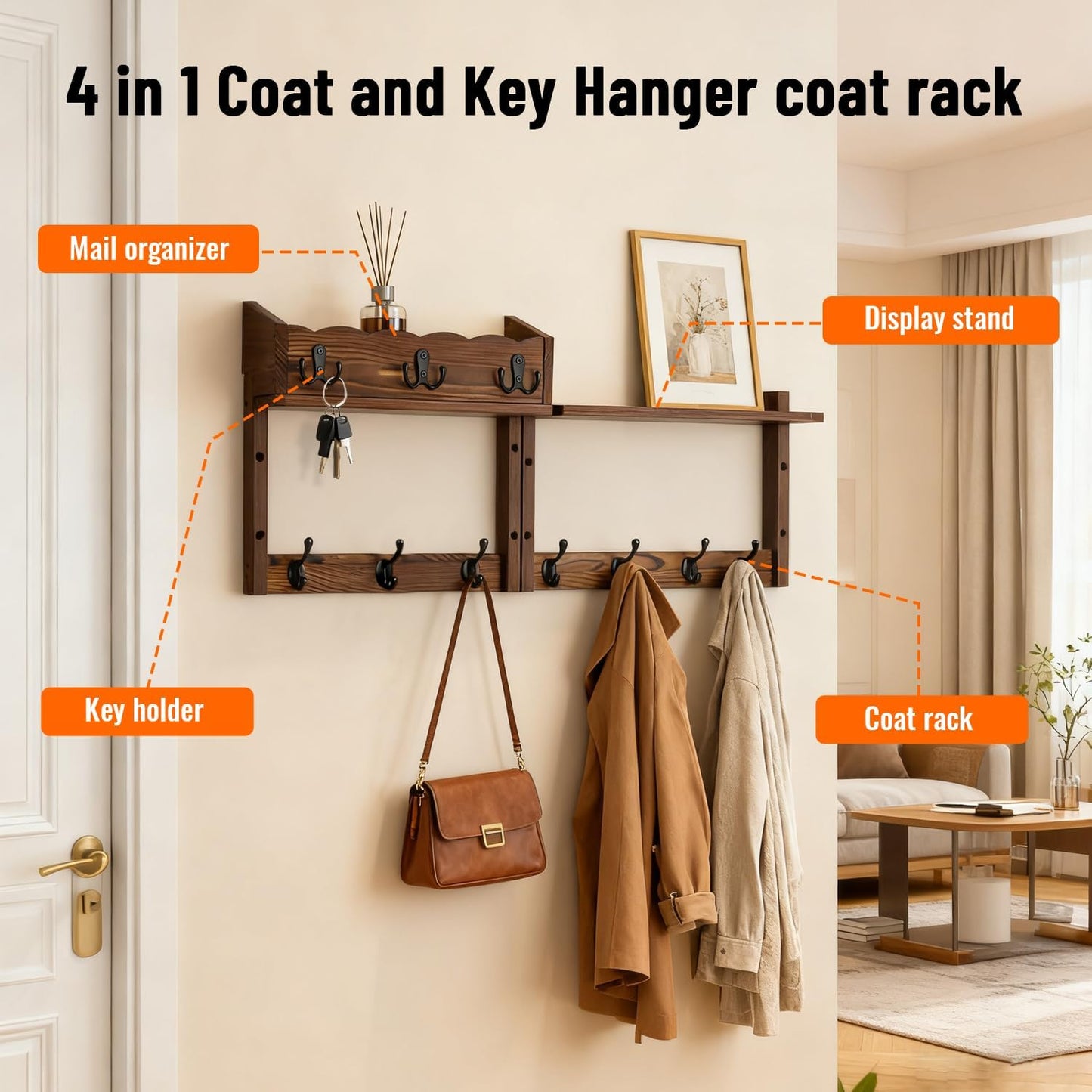 28" Coat Rack Wall Mount with Shelf with 7 Hooks 3 Key Hanger | Entryway Key Holder Wall Mount Wood Wall Coat Hooks, Wall Mounted Coat Rack Mail Holder for Living Room, Bedroom