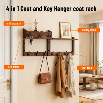 28" Coat Rack Wall Mount with Shelf with 7 Hooks 3 Key Hanger | Entryway Key Holder Wall Mount Wood Wall Coat Hooks, Wall Mounted Coat Rack Mail Holder for Living Room, Bedroom