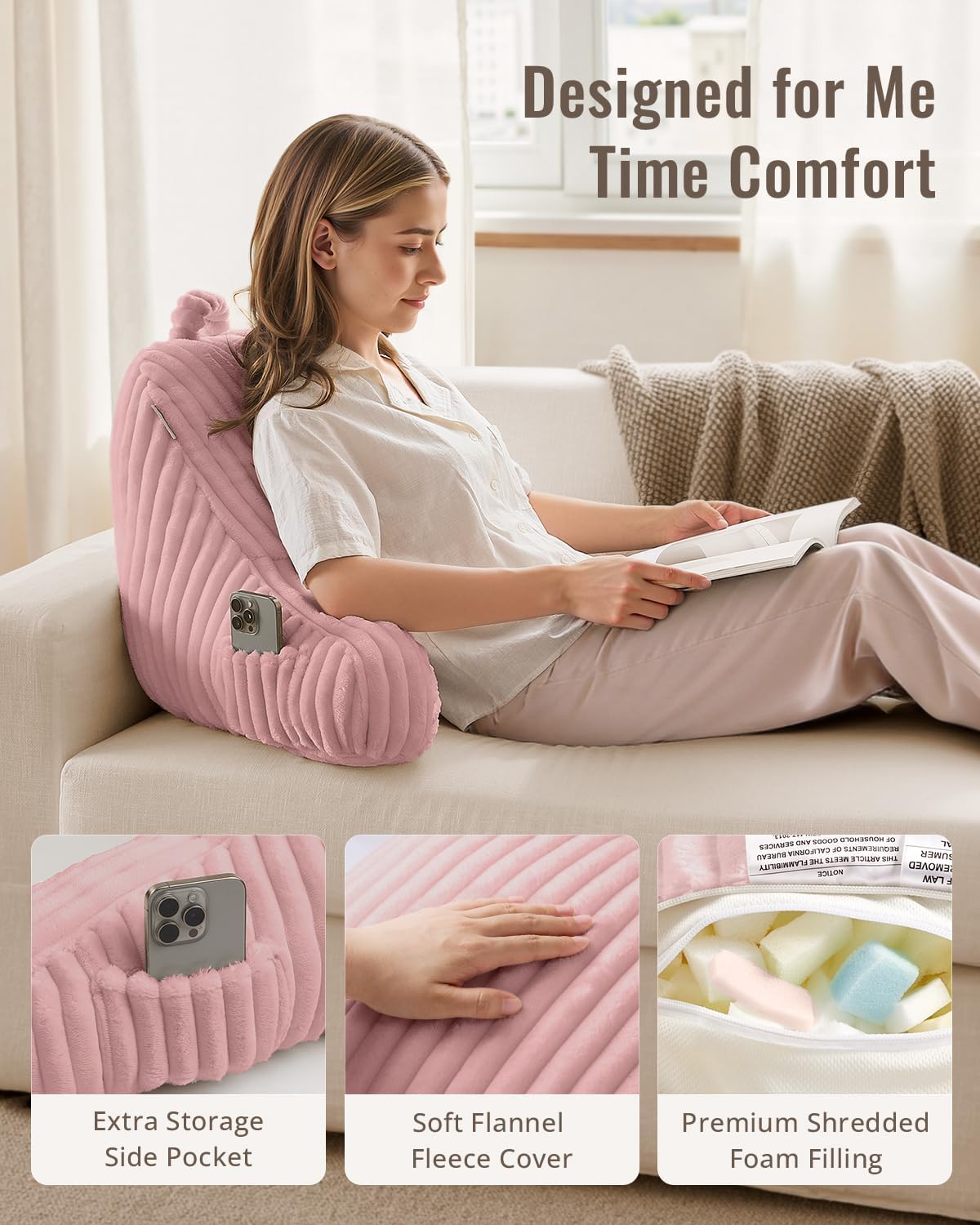Blissful Diary Reading Pillow, Backrest Pillow with Shredded Memory Foam for Adult & Children, Designed for Bed and Couch Sitting Up, Includes Arms, Pockets and Washable Cover, Off White