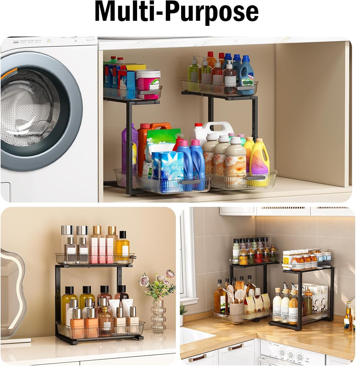 ARSTPEOE Under Sink Organizer - 2 Pack Multi-Purpose Pull-Out Storage Shelf | Slide out Pull out Cabinet Organizer Shelf, Storage for Kitchen Bathroom