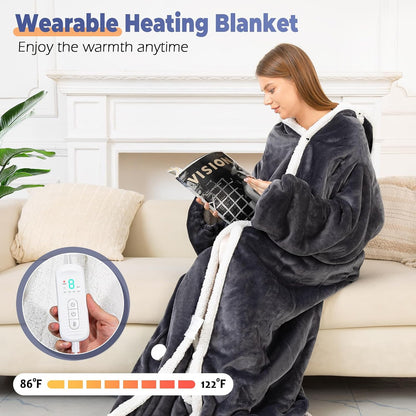 Wearable Heated Blanket with Foot Pocket, Electric Wearable Throw Blanket with Sleeves, Hood, Portable Heated Blanket with 8 Heat Settings, 1-10 Hours Auto Shut-off, Gift for Family, Friends, 50*70"