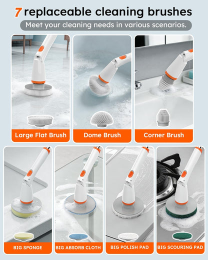 Electric Spin Scrubber,8 Replaceable Brush Heads for Home | IPX7 waterproof power scrubber with LCD display, multi heads, extendable handle, 90min runtime for bathroom kitchen glass car
