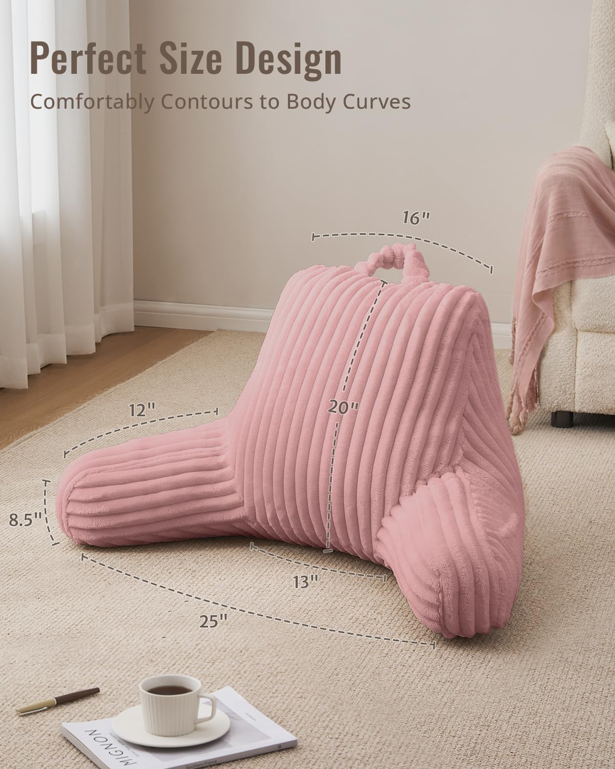 Blissful Diary Reading Pillow, Backrest Pillow with Shredded Memory Foam for Adult & Children, Designed for Bed and Couch Sitting Up, Includes Arms, Pockets and Washable Cover, Off White