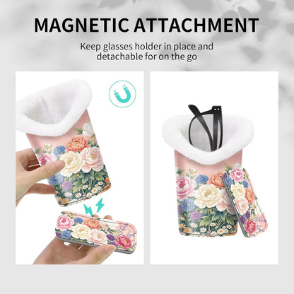 Plush Lined Eyeglasses Holder, Cute Magnetic PU Leather Glasses Stand Case for Women Men Kids