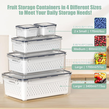 Anysig 5 Pack Fridge Fruit Storage Containers with Colander & Handle Lids | Airtight Fruit Containers for Fridge, Refrigerator Organizers and Storage, Dishwasher Safe, Keep Berry Fruit Fresh Longer